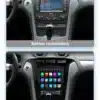 Kaheosaline pilt Ford Mondeo / Galaxy armatuurlauast, enne ja pärast Android multimeedia autoraadio paigaldamist. Ülemisel pildil vana raadio, all uue uhke puutetundliku ekraaniga seade, interjööris must ja hõbedane disain.