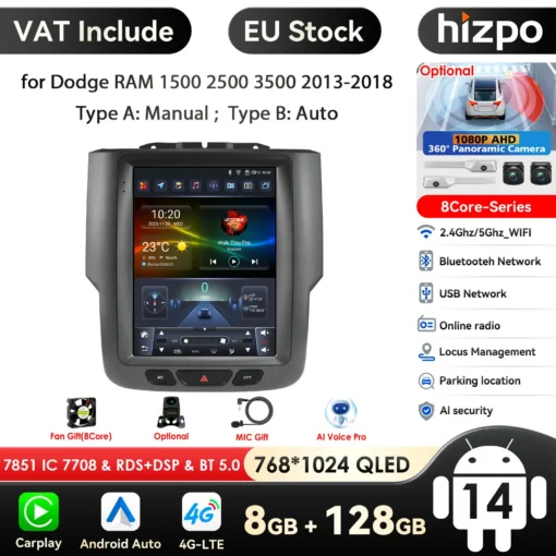Dodge RAM CarPlay multimeediakeskus halli raamiga, suure interaktiivse puuteekraaniga, millel kuvatakse erinevaid rakendusi ja juhtnuppe. Taustal on reklaamiga sildid, mis näitavad toote omadusi nagu 8-tuumaline protsessor, WiFi ja Bluetooth ühendus.