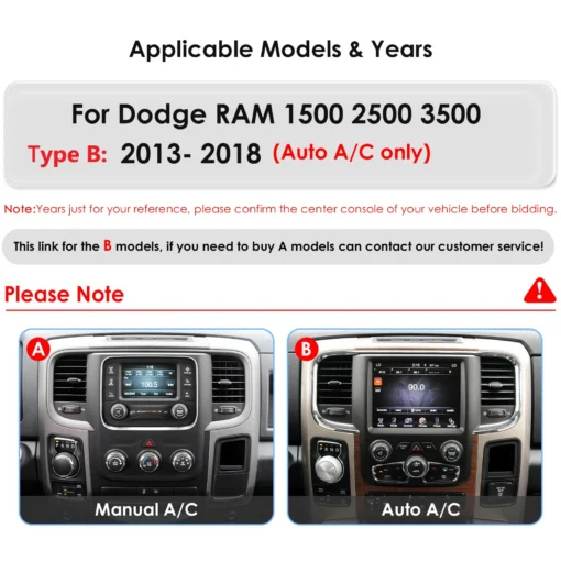 Dodge RAM CarPlay multimeediakeskus paigaldatud auto armatuurlaua keskkonsoolile, näidates ekraaninäitu erinevate juhtnuppude ja ventilatsiooniavadega, must ja hõbedane disain.