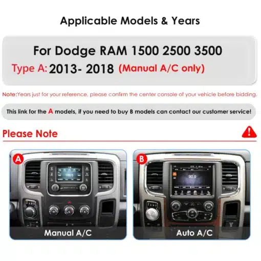 Kahe Dodge RAM 1500, 2500, 3500 sõiduki keskosad aastatel 2013-2018, üks manuaalse ja teine automaatse kliimaseadmega, esitledes Dodge RAM CarPlay multimeediakeskust.