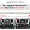 Dodge RAM CarPlay multimeediakeskus, kuvatud on kaks erinevat armatuurlaua stiili: vasakul manuaalne konditsioneer ja paremal automaatne konditsioneer, halli ja musta viimistlusega.