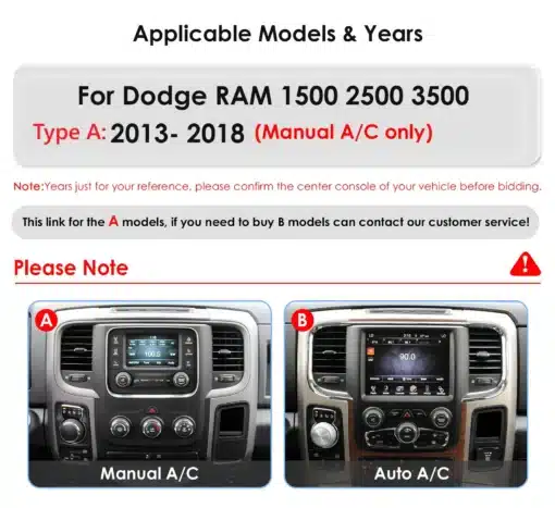 Dodge RAM CarPlay multimeediakeskus, kuvatud on kaks erinevat armatuurlaua stiili: vasakul manuaalne konditsioneer ja paremal automaatne konditsioneer, halli ja musta viimistlusega.