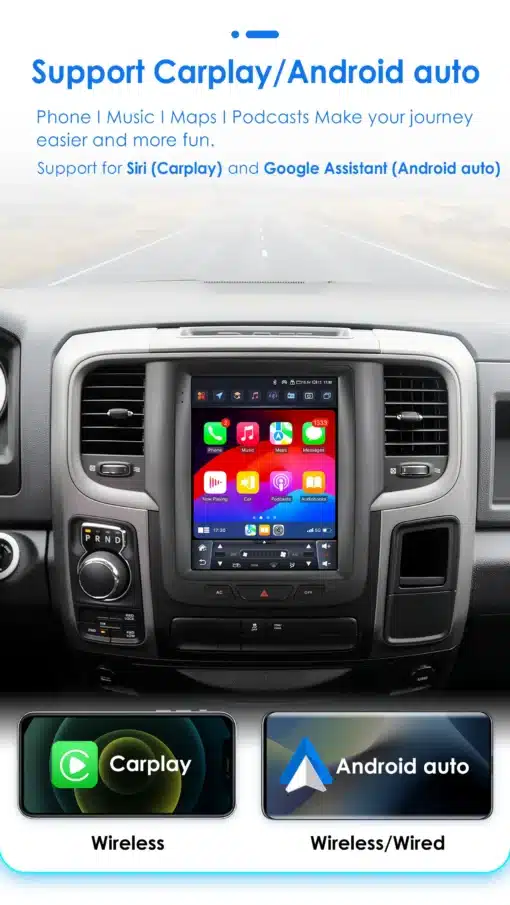 Dodge RAM CarPlay multimeediakeskus sõiduki esipaneelil, kuhu on integreeritud kõrge resolutsiooniga ekraan, mis kuvab erinevaid rakendusi ja ikoonid värvilisel taustal. Multimeediakeskuse all on auto juhtpaneel ja küljel nupud kliimaseadme jaoks. Lisaks kuvatakse CarPlay ja Android Auto logo koos märksõnadega Wireless ja Wired.