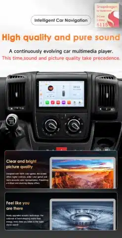 Android autoraadio CarPlay ja GPS Fiat Ducato, näidatud modernse auto armatuurlaual. Raadio ekraan kuvab kasutajaliidese värviliste ikoonide ja infoga, ümbritsetud mustast plastist viimistlusega. Taustal on pilt selgest ja erksast loodusmaastikust.