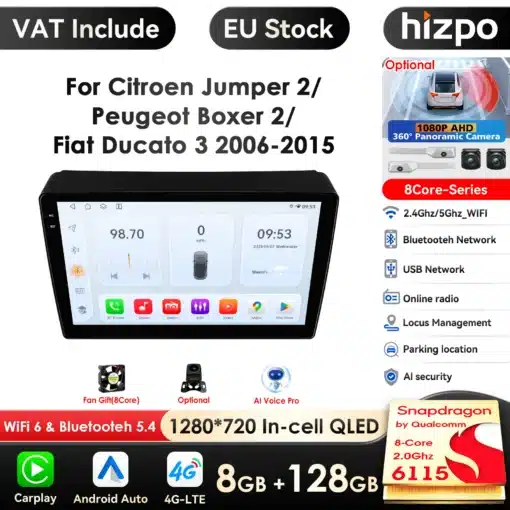 Android autoraadio CarPlay ja GPS Fiat Ducato | E-pood Tootemaailm Android autoraadio CarPlay ja GPS Fiat Ducato jaoks, ekraan kuvatud rakendustega, nagu muusika, navigatsioon ja seaded. Taustal must paneel ja tehnoloogilised omadused esile toodud.