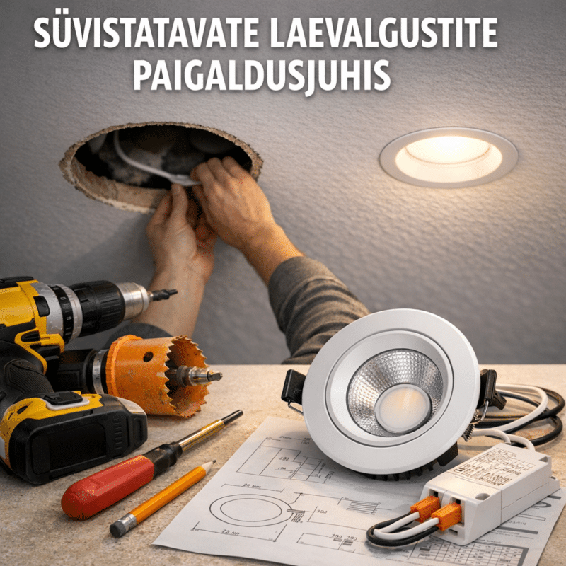 Süvistatavate laevalgustite paigaldusjuhis | E-pood Tootemaailm Mees paigaldab süvistatavat laevalgustit, kõrval tööriistad ja plaan
