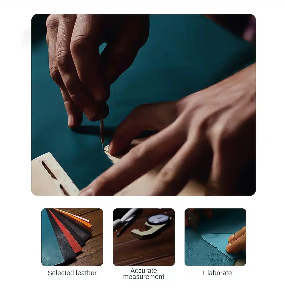 Detailne käsitehnika luksuslike kaante valmistamiseks Xiaomi 15T Pro 14T 13T Pro Redmi Note telefonidele, kasutades valitud nahka ja täpseid mõõtmisvahendeid. Käsitööprotsess käsitleb sileda nahapinna lõikamist ereda taustal.