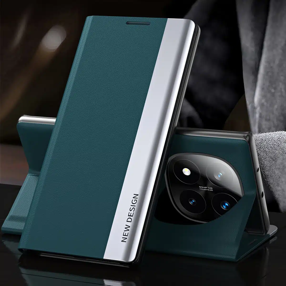 Roheline ja hõbedane luksuslik telefoniümbris koos kaamerakattega mudelitele Xiaomi 15T Pro, 14T, 13T Pro ja Redmi Note, mustal taustal.