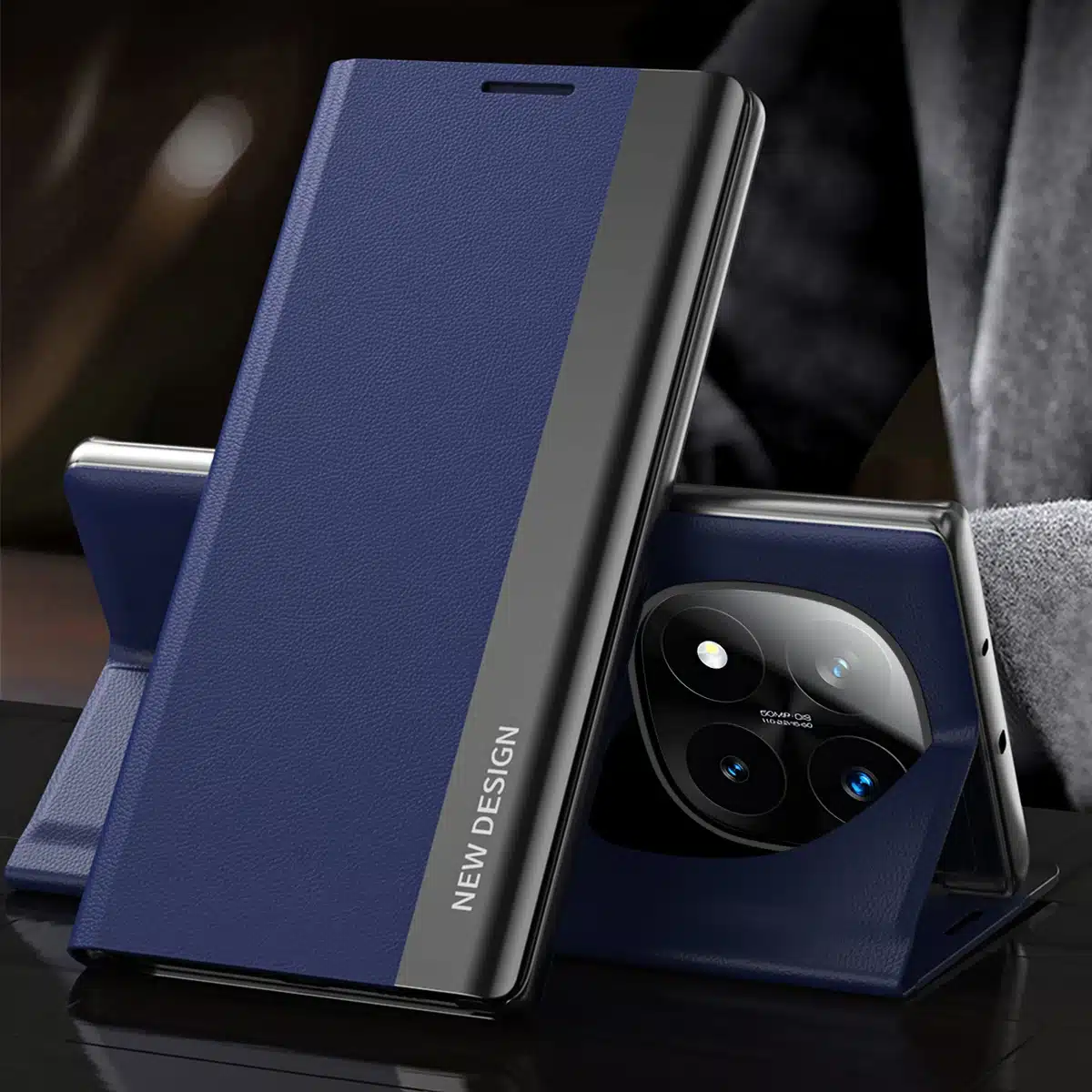 Lähedalt pildil on sinist värvi luksuslikud kaaned telefonile, mis sobivad mudelitele Xiaomi 15T Pro, 14T, 13T Pro ja Redmi Note. Kaaned on valmistatud kvaliteetsest materjalist, taustaks neutraalne must ja hall.