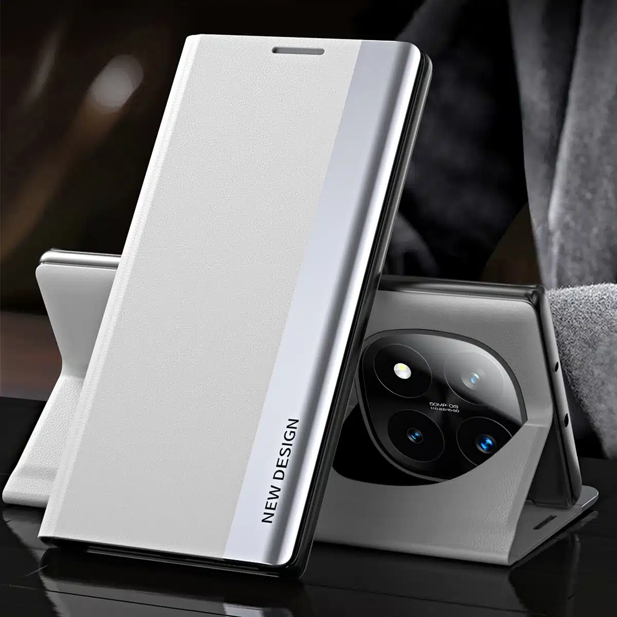 Luksuslikud kaaned Xiaomi 15T Pro 14T 13T Pro Redmi Note, elegantse hõbedase välimusega, musta taustaga, esiplaanil kaamera avaga.