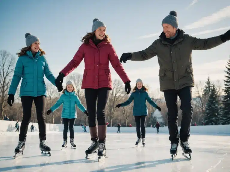 Pere uisutab rõõmsalt vabas õhus päikesepaistelisel talveilmal