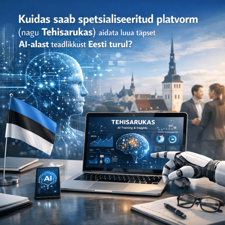 Kuidas saab AI platvorm aidata luua AI-alast teadlikkust Eestis? | E-pood Tootemaailm AI platvormid Eesti turul, millel on digitaalne inimese pea ja väli vaade.