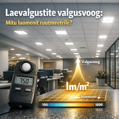Laevalgustite valgusvoog: Mitu luumenit ruutmeetrile? | E-pood Tootemaailm Luxmeeter avatud kontoris mõõdab laevalgustite valgusvoogu