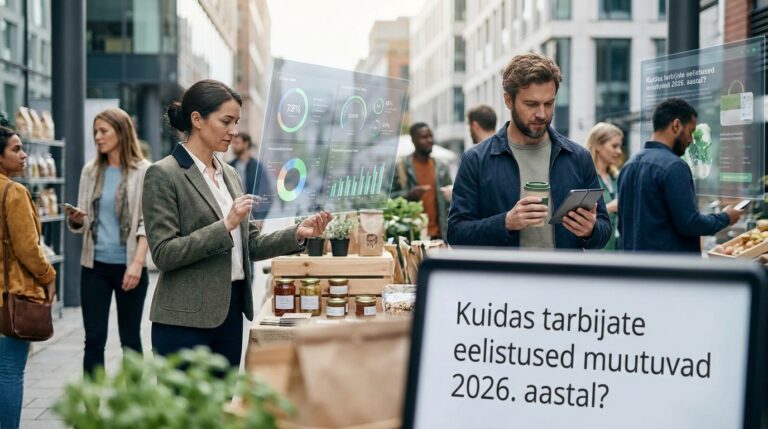 Kuidas tarbijate eelistused muutuvad 2026. aastal? | E-pood Tootemaailm inimesed tänaval vaatavad andmeekraanide graafikuid