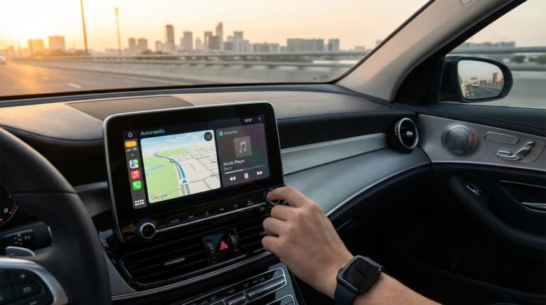 Kaasaegne autoraadio ekraan navigatsiooni ja meediaga