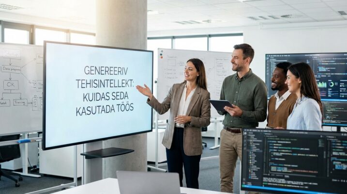 Genereeriv tehisintellekt: kuidas seda kasutada töös | E-pood Tootemaailm Inimesed arutavad generatiivset tehisintellekti kontoris