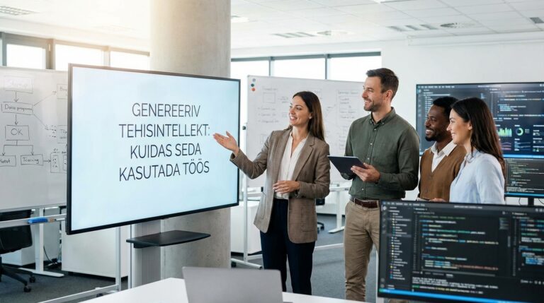 Genereeriv tehisintellekt: kuidas seda kasutada töös | E-pood Tootemaailm Inimesed arutavad generatiivset tehisintellekti kontoris