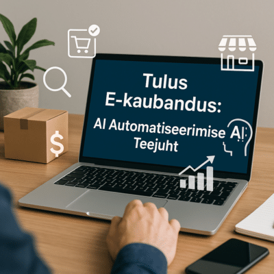Tulus E-kaubandus: AI Automatiseerimise Teejuht | E-pood Tootemaailm Sülearvuti ekraan Tulus E-kaubandus ja AI automatiseerimisega