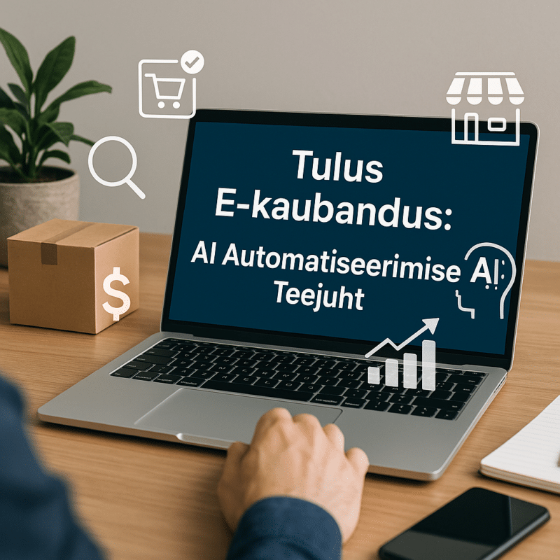Kuidas automatiseerida e-kaubandust tehisintellekti abil? | E-pood Tootemaailm Sülearvuti ekraan Tulus E-kaubandus ja AI automatiseerimisega