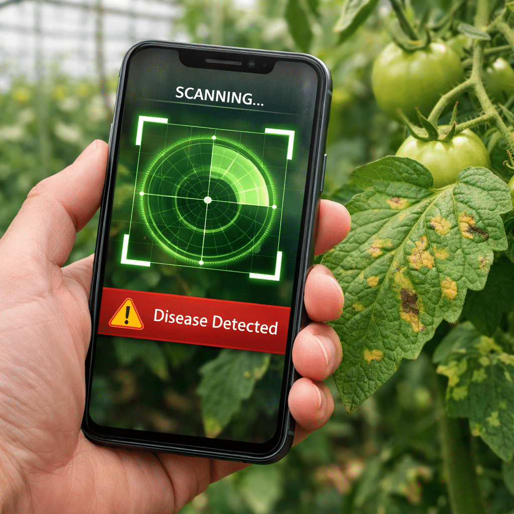 Käes hoitav telefon, mis tuvastab haiguse tomatitaimel