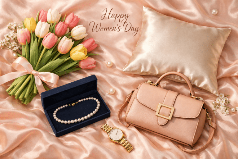 Naistepäeva kingitused: Praktilised ja emotsionaalsed ideed | E-pood Tootemaailm Kimp tulpe, käekott ja pärlikee pastelsel taustal.