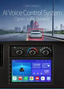 Kaasaegne 2DIN Android Auto 4G GPS Nissani autoraadio koos AI hääljuhtimise süsteemiga, mis kuvab infot ekraanil. Ekraanil on näha juhiabiline funktsioon ja linnataust koos selgete värvidega.