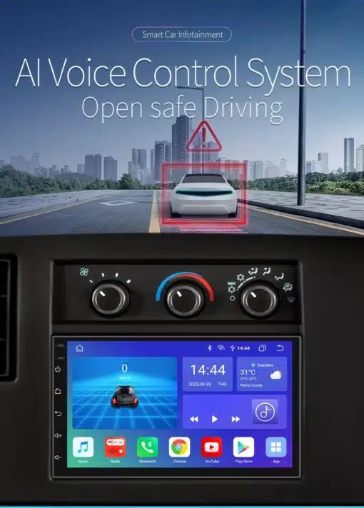 2DIN Android Auto 4G GPS Nissani autoraadio | E-pood Tootemaailm Kaasaegne 2DIN Android Auto 4G GPS Nissani autoraadio koos AI hääljuhtimise süsteemiga, mis kuvab infot ekraanil. Ekraanil on näha juhiabiline funktsioon ja linnataust koos selgete värvidega.