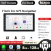 2DIN Android Auto 4G GPS Nissani autoraadio | E-pood Tootemaailm 7-tolline ekraaniga 2DIN Android Auto 4G GPS Nissani autoraadio, millel on kasutajasõbralik liides, Bluetooth, USB ühenduvus ja AI hääljuhtimine valge tausta ja logodega.