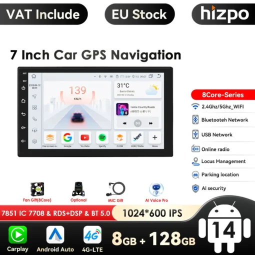 2DIN Android Auto 4G GPS Nissani autoraadio | E-pood Tootemaailm 7-tolline ekraaniga 2DIN Android Auto 4G GPS Nissani autoraadio, millel on kasutajasõbralik liides, Bluetooth, USB ühenduvus ja AI hääljuhtimine valge tausta ja logodega.