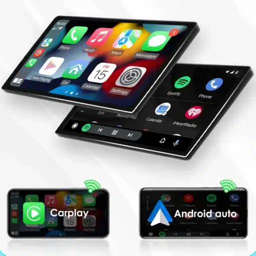 2DIN Android Auto 4G GPS Nissani autoraadio | E-pood Tootemaailm 2DIN Android Auto 4G GPS Nissani autoraadio, millel on eredad ekraanid, kuvades erinevaid rakendusi, nagu muusika ja navigeerimine, mustal taustal.