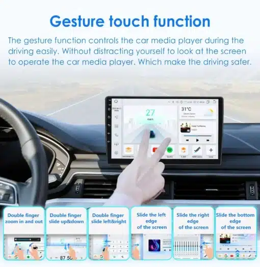 2DIN Android Auto 4G GPS Nissani autoraadio | E-pood Tootemaailm 2DIN Android Auto 4G GPS Nissani autoraadio koos žestijuhtimise funktsiooniga, kuvatud autosalongis looduslikul taustal. Ekraanil on navigeerimis- ja meedialahendused, mida juhib käsi žestidega.