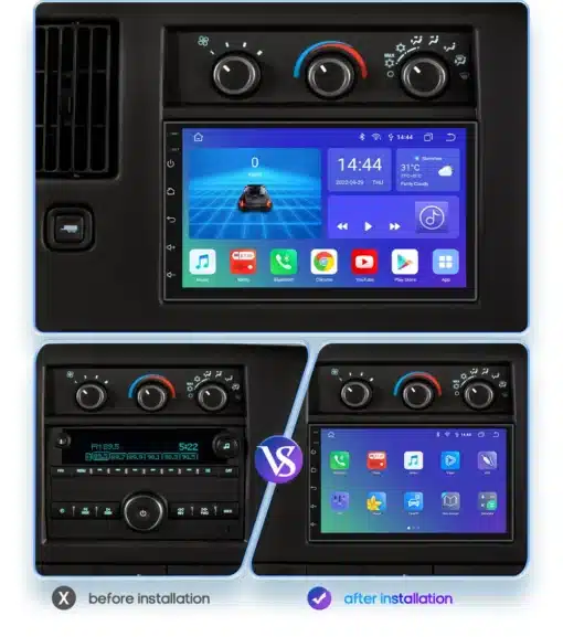 2DIN Android Auto 4G GPS Nissani autoraadio | E-pood Tootemaailm Paigaldatud 2DIN Android Auto 4G GPS Nissani autoraadio mustal armatuurlaual, kus ekraanil kuvatakse muusika, kaardid ja rakendused.