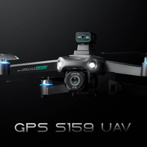 Lähedalt vaade võimsale droonile – 5G WiFi 8k kaameraga, millel on must korpus ja sinised detailid, pildistatud tumedal taustal.