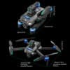 Kokkupandav ja lahtine musta värvi droon koos 5G WiFi 8k kaameraga, mille mõõdud on märgitud. Drooni korpusel on sinised ja rohelised valgusdetailid ning see paikneb mustal taustal.