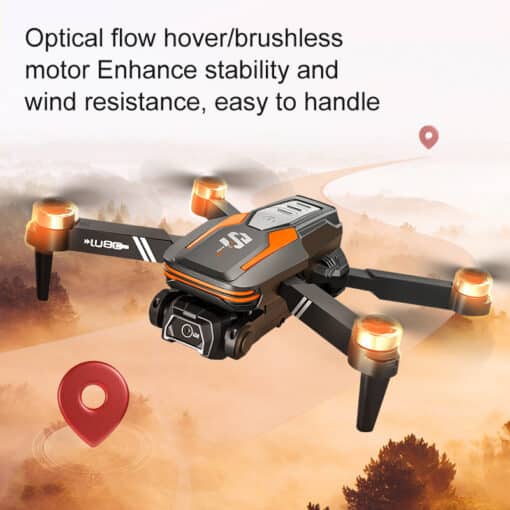 Droon kahe kaameraga sinine ja oranž LU80 | E-pood Tootemaailm Droon Essential Camping Season LU80 Drone Dual Electrically hõljumas ilusa maastiku kohal. Droonil on harjavaba mootori tehnoloogia ja ilmastikukindel disain. Seadme detailne ehitus on esile tõstetud, rõhutades oranže ja musti toone.