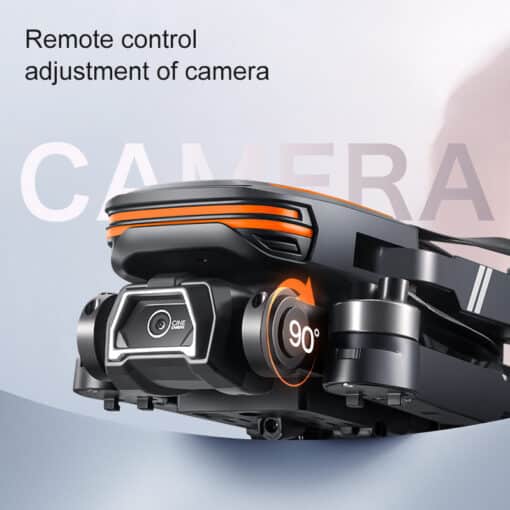Droon kahe kaameraga sinine ja oranž LU80 | E-pood Tootemaailm Must drone oranžide detailidega, kuvades kaamerat, mille nurka reguleeritakse kaugjuhtimise abil 90 kraadi. Droon asub hallil ja valgel taustal, rõhutades Essential Camping Season LU80 Drone Dual Electrically funktsionaalsust.