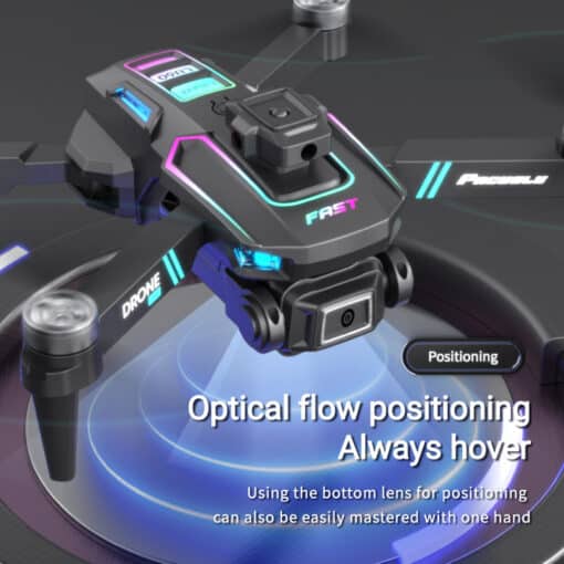 Algajatele sobiv must droon keerulisteks oludeks LU60 mudel | E-pood Tootemaailm LU60 Drone First Choice For Entry-levelFearless Of Complex Scenes, featuring a black body with vibrant blue and pink accents, is positioned on a dark surface. It highlights optical flow positioning capabilities with a camera module on the front.
