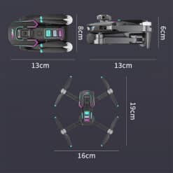 LU60 Drone First Choice For Entry-levelFearless Of Complex Scenes, shown with dimensions 13cm, 8cm, 19cm, and 16cm, featuring a sleek black design with purple and cyan accents, highlighted against a dark background.