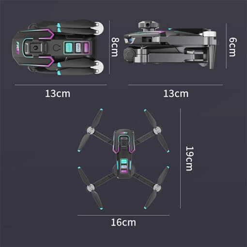 Algajatele sobiv must droon keerulisteks oludeks LU60 mudel | E-pood Tootemaailm LU60 Drone First Choice For Entry-levelFearless Of Complex Scenes, shown with dimensions 13cm, 8cm, 19cm, and 16cm, featuring a sleek black design with purple and cyan accents, highlighted against a dark background.