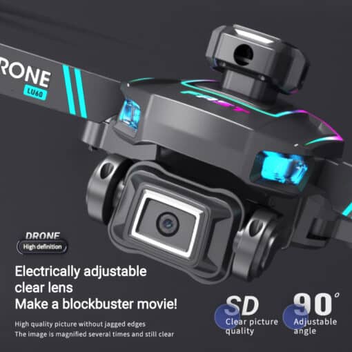 Algajatele sobiv must droon keerulisteks oludeks LU60 mudel | E-pood Tootemaailm LU60 Drone First Choice For Entry-levelFearless Of Complex Scenes; close-up detail showing the adjustable camera lens with vibrant LED lights on a matte black body, set against a dark background.