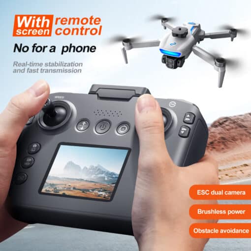 gps droon s181 must harjadeta takistuste vältimisega | E-pood Tootemaailm Käed hoidmas kaugjuhtimispulti GPS Drone S181 Drone Brushless One-Key Return Intelligent Obstacle Avoidance Quadcopter Remote Control jaoks, mille LCD-ekraanil on maastikuvaade ja taamal lendav droon sinise taeva all.