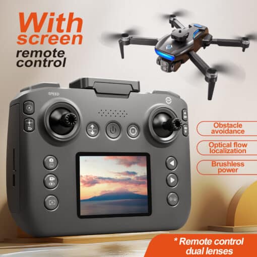 gps droon s181 must harjadeta takistuste vältimisega | E-pood Tootemaailm GPS Drone S181 Drone Brushless One-Key Return Intelligent Obstacle Avoidance Quadcopter Remote Control hall puldiga ja lendava musta disainiga droon, millel on sinine led-tuli ja kaamera, asetatud helepruuni taustale.