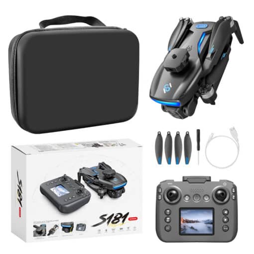 gps droon s181 must harjadeta takistuste vältimisega | E-pood Tootemaailm GPS Drone S181 koos harjadeta mootorite, pult ja lisatarvikud, sealhulgas propellrid ja USB-kaabel, tasapinnal. Taustal hall kaitsekott ja drooni originaalpakend.