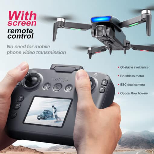gps droon s181 must harjadeta takistuste vältimisega | E-pood Tootemaailm Käes hoitakse kaugjuhtimispulti koos ekraaniga, millel on GPS Drone S181 Drone Brushless One-Key Return Intelligent Obstacle Avoidance Quadcopter Remote Control taevas lendamas, esiplaanil mägine maastik.