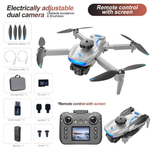 gps droon s181 must harjadeta takistuste vältimisega | E-pood Tootemaailm GPS Drone S181 Drone Brushless One-Key Return Intelligent Obstacle Avoidance Quadcopter Remote Control hõbedase ja musta disainiga, reguleeritava kahe kaameraga. Pildil on komplektis ka varuterad, laadimiskaablid, hoiukarp, mälukaart, puldiga ekraan ja lisatarvikud, kõik valgel taustal esile toodud.