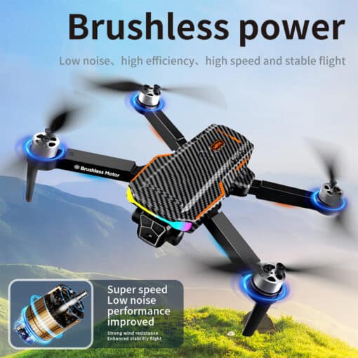 droon F168 süsinikkiud takistuste vältimine | E-pood Tootemaailm Drone F168 Brushless Optical Flow Obstacle Avoidance Aerial Photography Quadcopter hoovimas mägises maastikus. Musta süsinikkiuga kere ja siniste LED-tuledega propellerid loovad elegantse ja kaasaegse ilme.