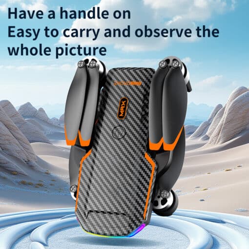 droon F168 süsinikkiud takistuste vältimine | E-pood Tootemaailm Kompaktne ja kokkupandav Drone F168 Brushless Optical Flow Obstacle Avoidance Aerial Photography Quadcopter kõrbes, taustal liivaluited ja sinine taevas. Droon on must-oranži süsinikkiu disainiga.