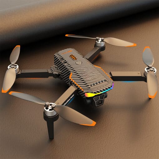 droon F168 süsinikkiud takistuste vältimine | E-pood Tootemaailm Drone F168 Brushless Optical Flow Obstacle Avoidance Aerial Photography Quadcopter Long-Endurance Remote Control, featuring a sleek carbon fiber texture and vibrant orange accents, resting on a textured brown surface.