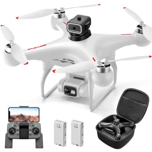 HD Droon 4-suunalise takistuste vältimisega | E-pood Tootemaailm Valge S116 Brushless Drone koos neljasuunalise takistuste vältimise süsteemiga ja HD õhufotograafia kaameraga, droon optilise voo positsioneerimisega, kaugjuhtimispult, kaks akuga komplekti ja transpordikarp. Kogu komplekt asub valgel taustal.