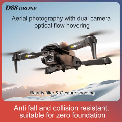 Dual-Kaameraga Must D88 Fikseeritud Kõrguse Droon | E-pood Tootemaailm D88 Fixed-Altitude Stroboscopic Dual-Camera Drone taevas, näidates selle kaameraid ja voolujoonelist disaini pilvede taustal, rõhutades tasakaalustatud hõljumist.